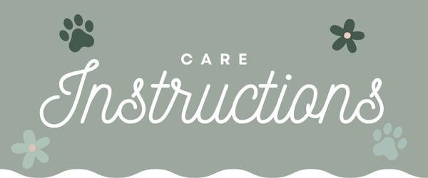 Text 'Care Instructions' with paw prints and flowers on a green background