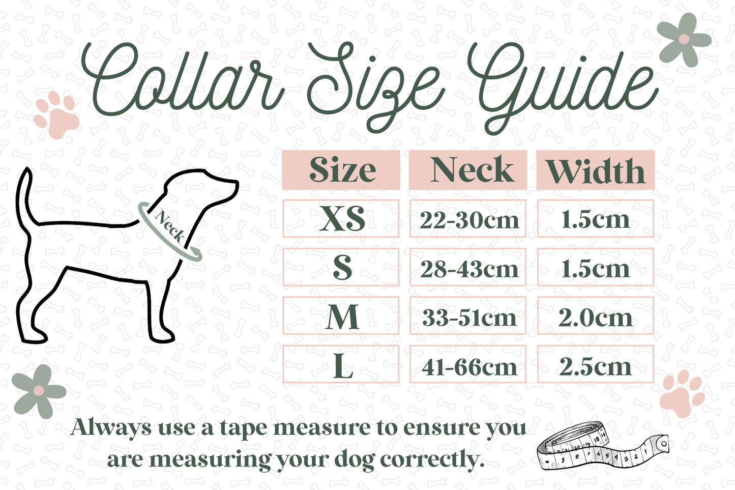 Dog collar size guide with measurements for neck and width.