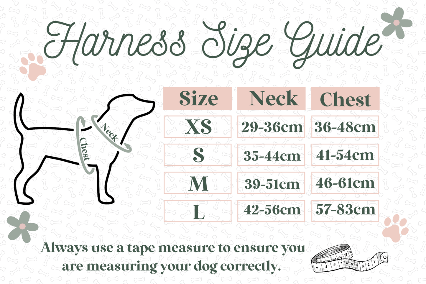 Dog harness size guide with measurements for neck and chest.