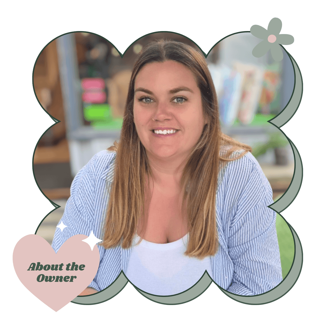 Woman with long hair wearing a blue striped shirt, with decorative elements around her.