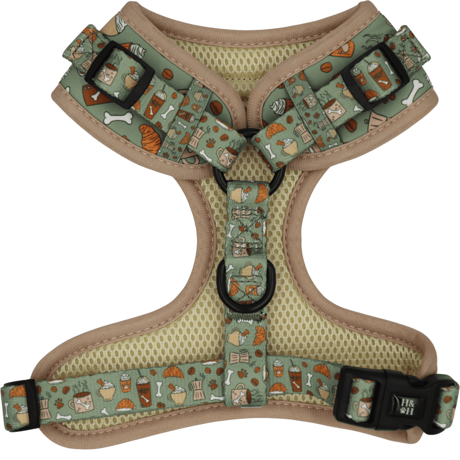 Dog harness with patterned design on a black background