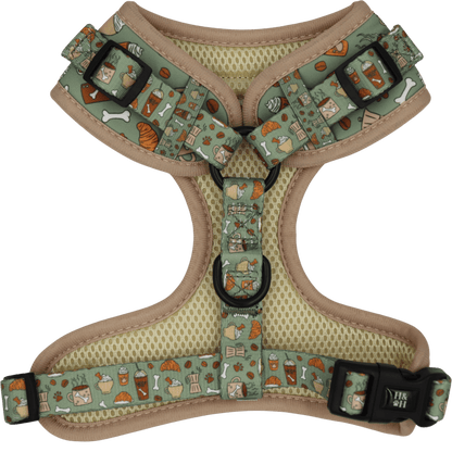Dog harness with patterned design on a black background