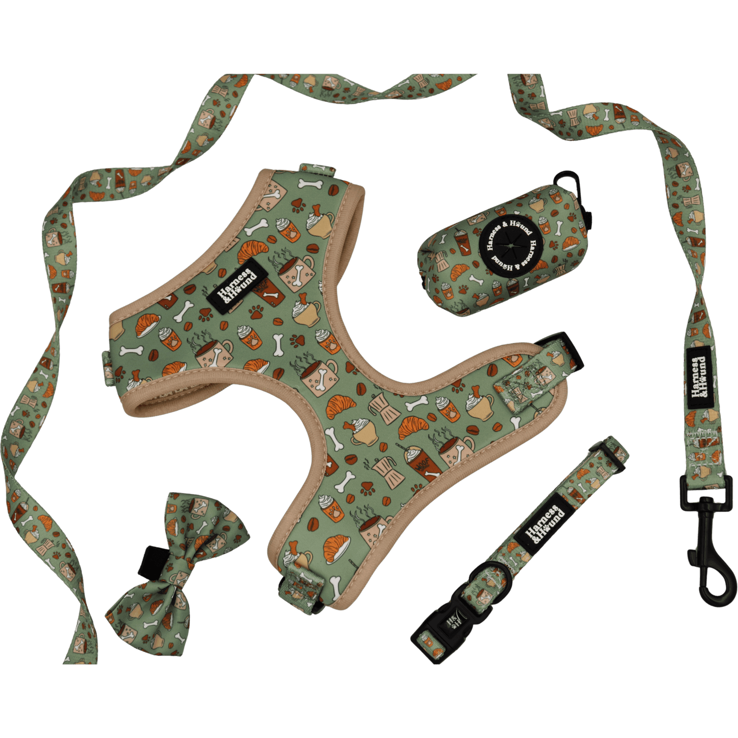 Dog harness, leash, and other accessories with a pattern on a black background