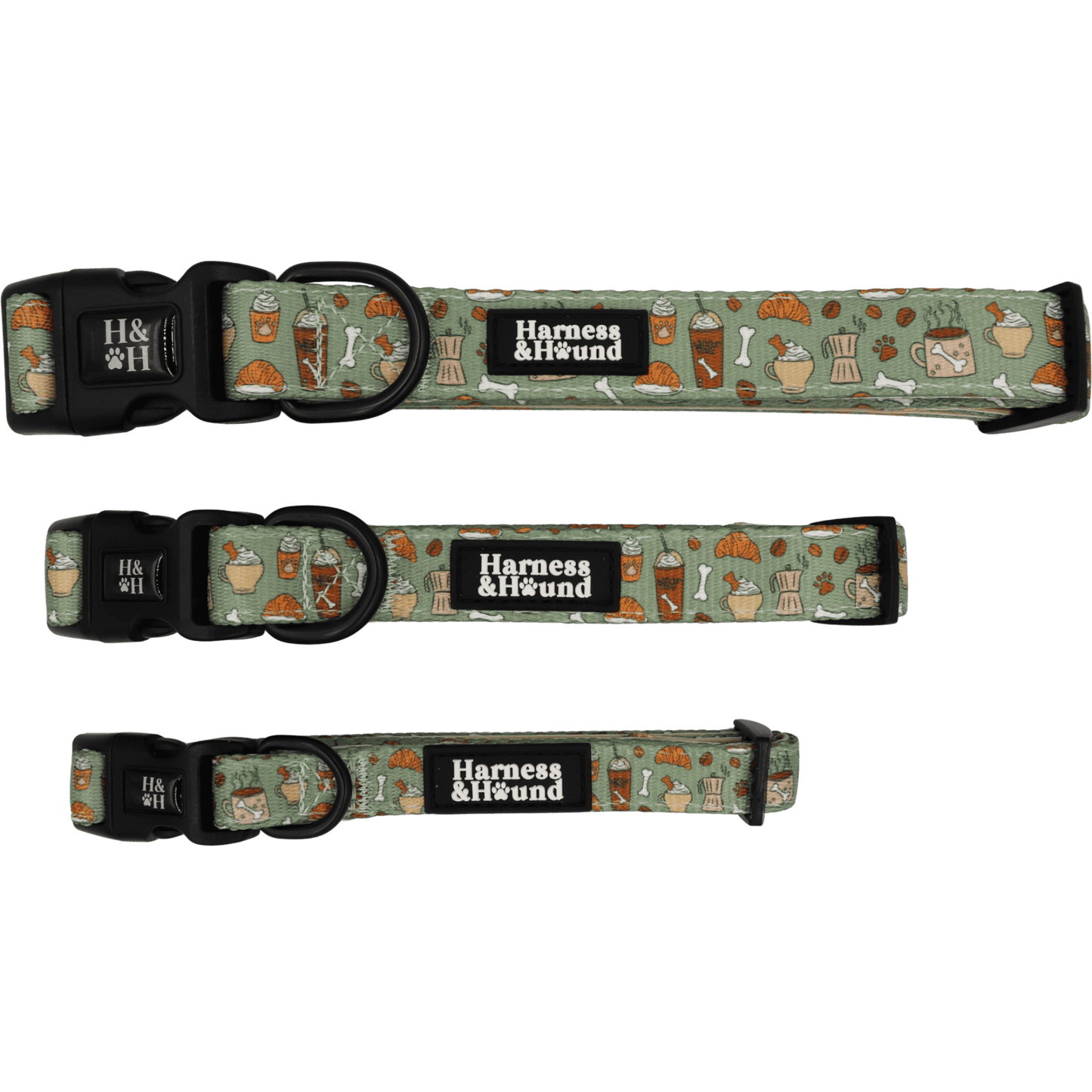 Dog collar with pattern and 'Harness & Hound' branding on a black background