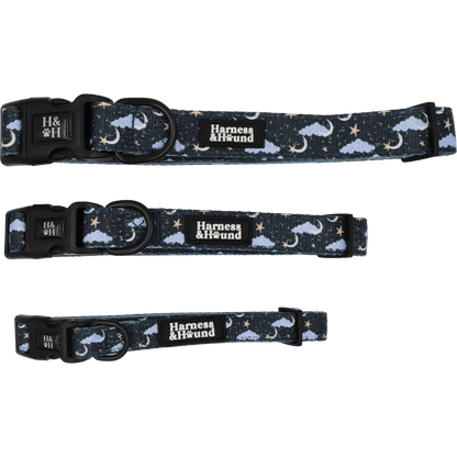 Three dog collars with star and moon pattern on a black background, branded 'Harness & Hound'.