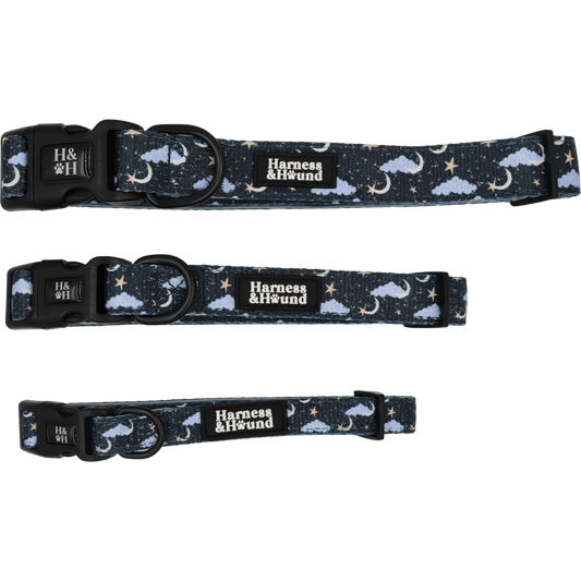 Three dog collars with star and moon pattern on a black background, branded 'Harness & Hound'.