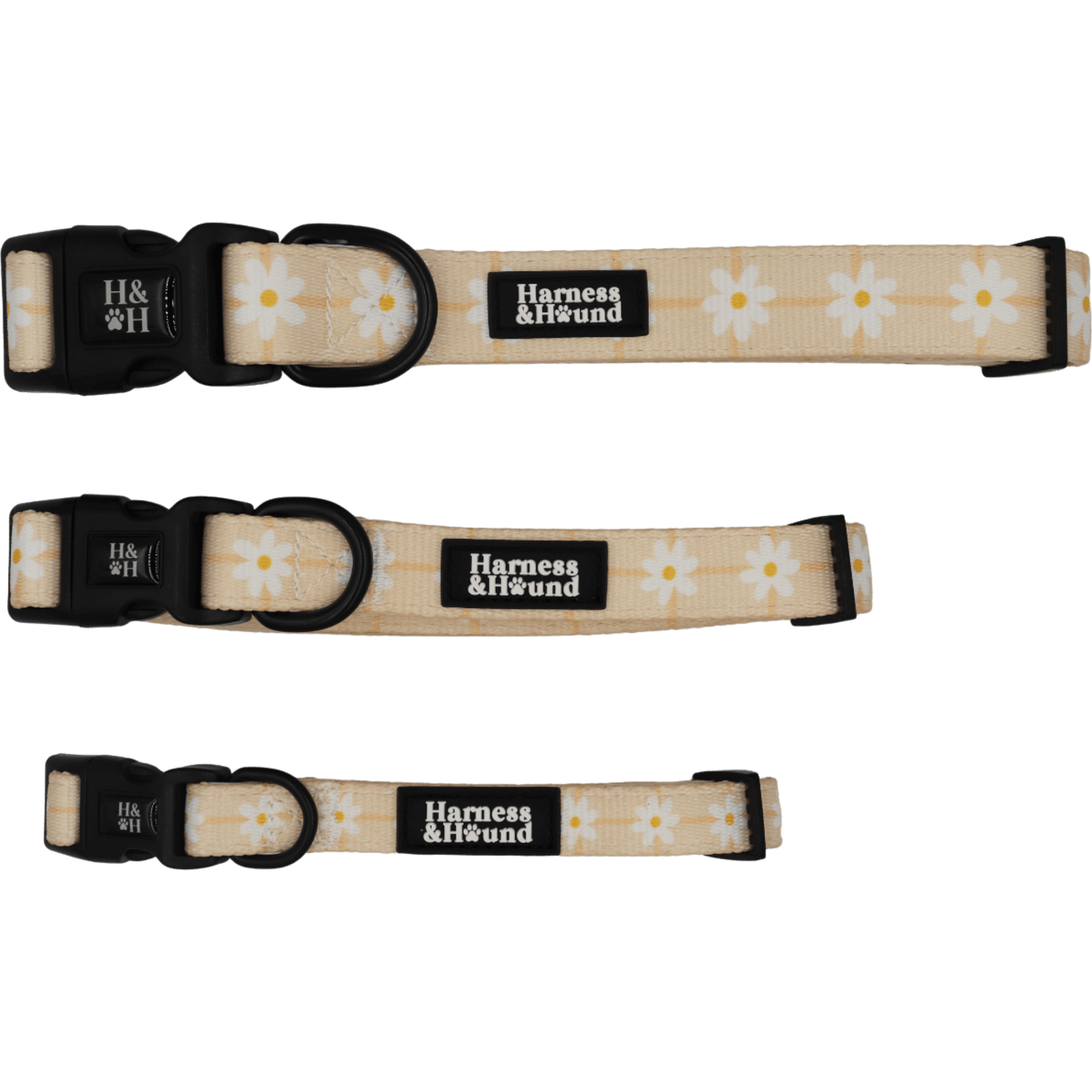 Three dog collars with floral pattern and 'Harness & Hound' branding on a black background