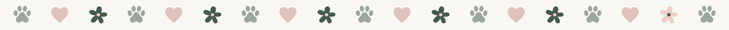 Repeating pattern of paw prints, hearts, and flowers on a white background