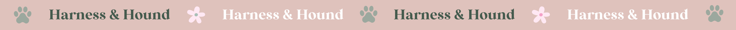 Repetition of 'Harness & Hound' logo with paw prints on a pink background