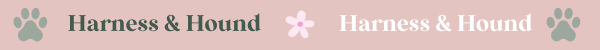 Repetition of 'Harness & Hound' logo with paw prints on a pink background