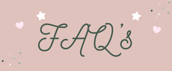 Text 'FAQ's' in a decorative font on a pink background with stars and hearts.