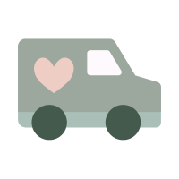 Simple icon of a van with a heart on a light gray background