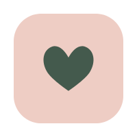 Square pink button with a green heart in the center