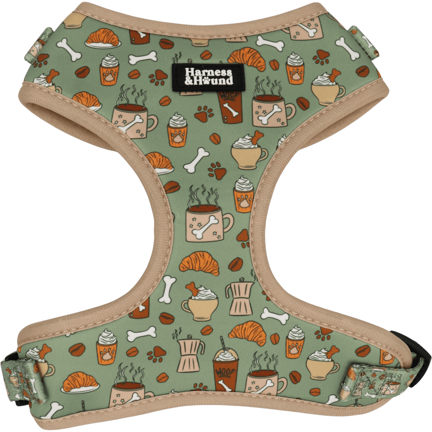 Dog harness with a pattern of coffee cups, croissants, and bones on a green background.