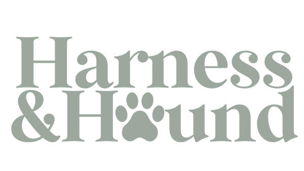Logo of 'Harness & Hound' with paw print design on a black background