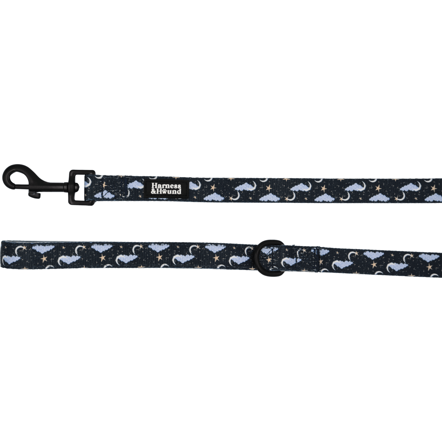 Dog leash with celestial pattern on a black background