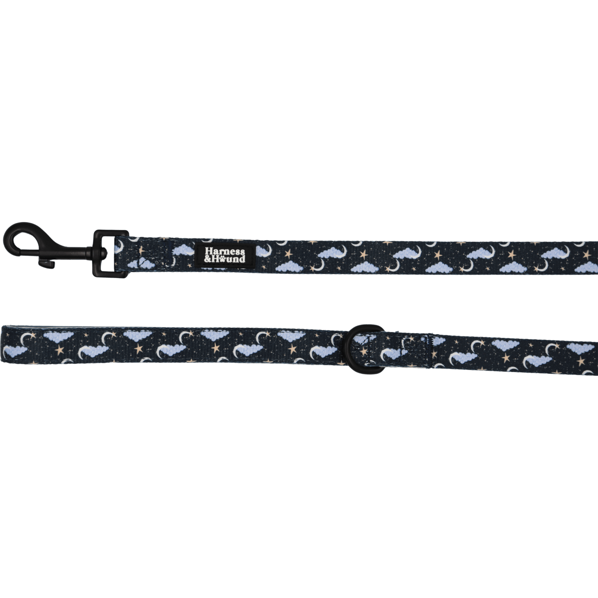 Dog leash with celestial pattern on a black background