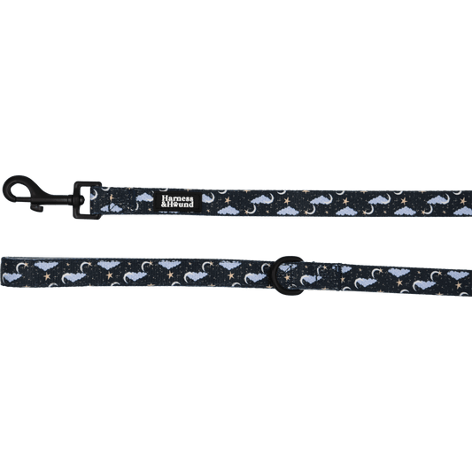 Dog leash with celestial pattern on a black background