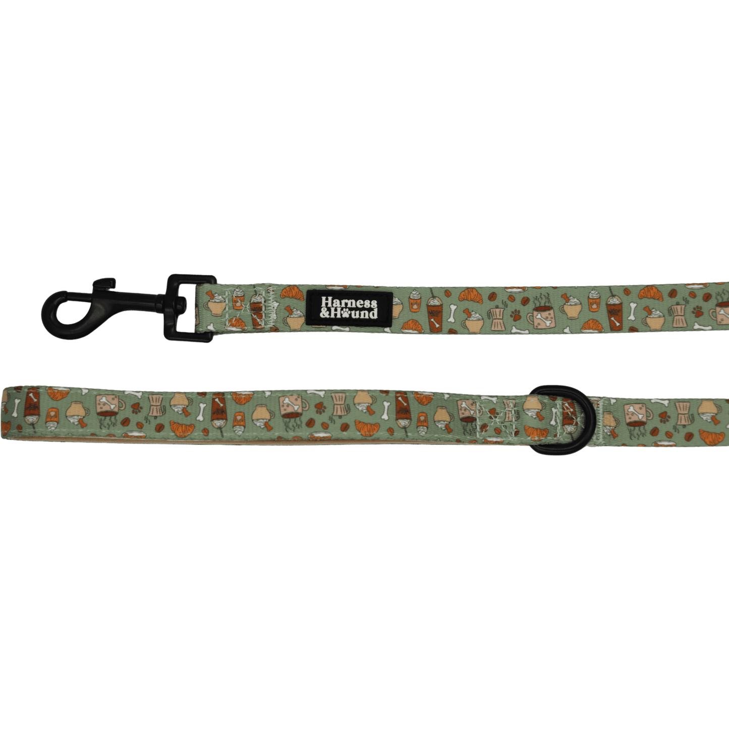 Dog leash with patterned design and visible brand logo on a black background