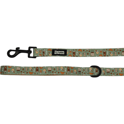 Dog leash with patterned design and visible brand logo on a black background