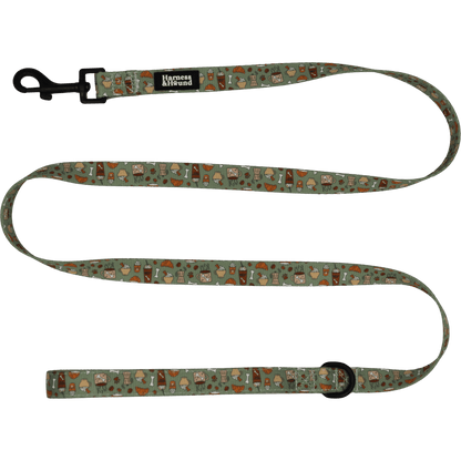Patterned dog leash with brand name on a black background