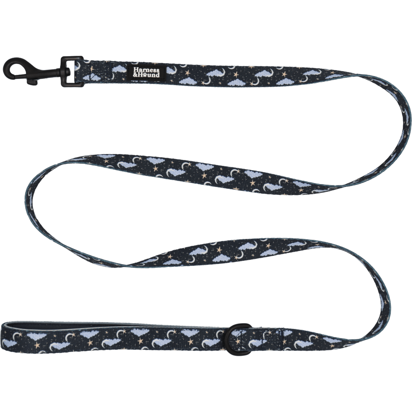 Dog leash with moon and star pattern on a black background