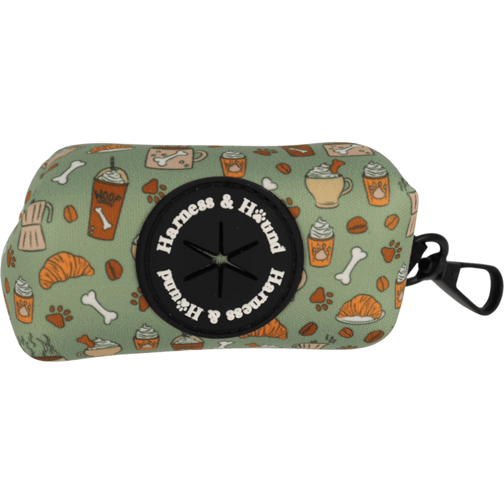 Patterned product with 'Harness & Hound' branding on a green background