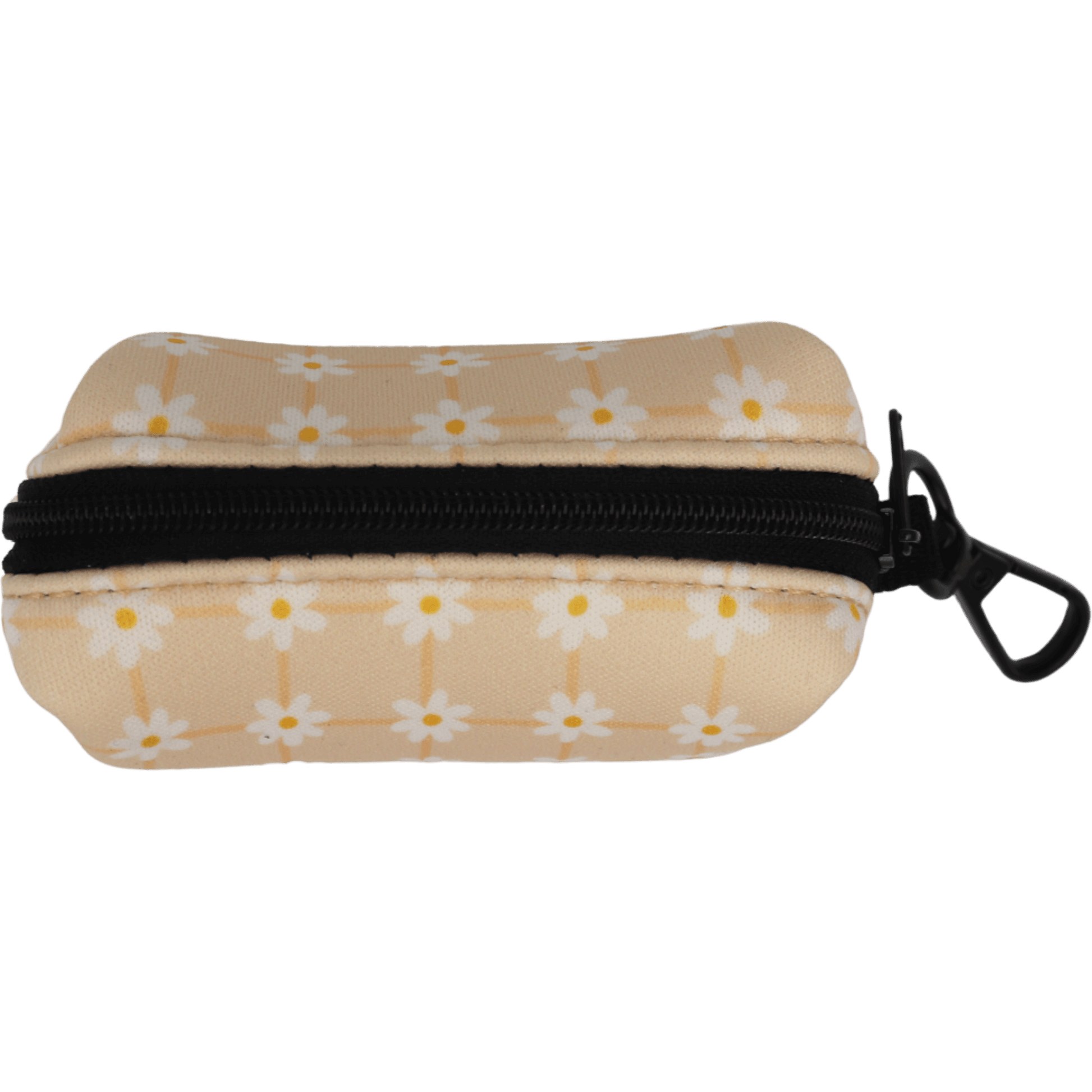 Small pouch with floral pattern and black zipper on a white background