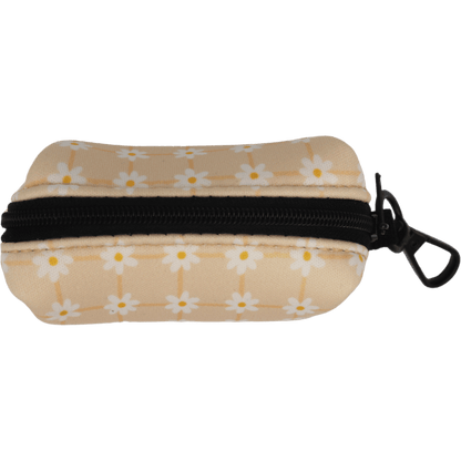 Small pouch with floral pattern and black zipper on a white background