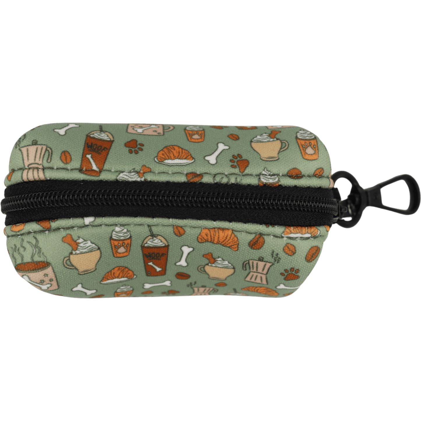 Small pouch with a pattern of coffee cups and other items on a green background