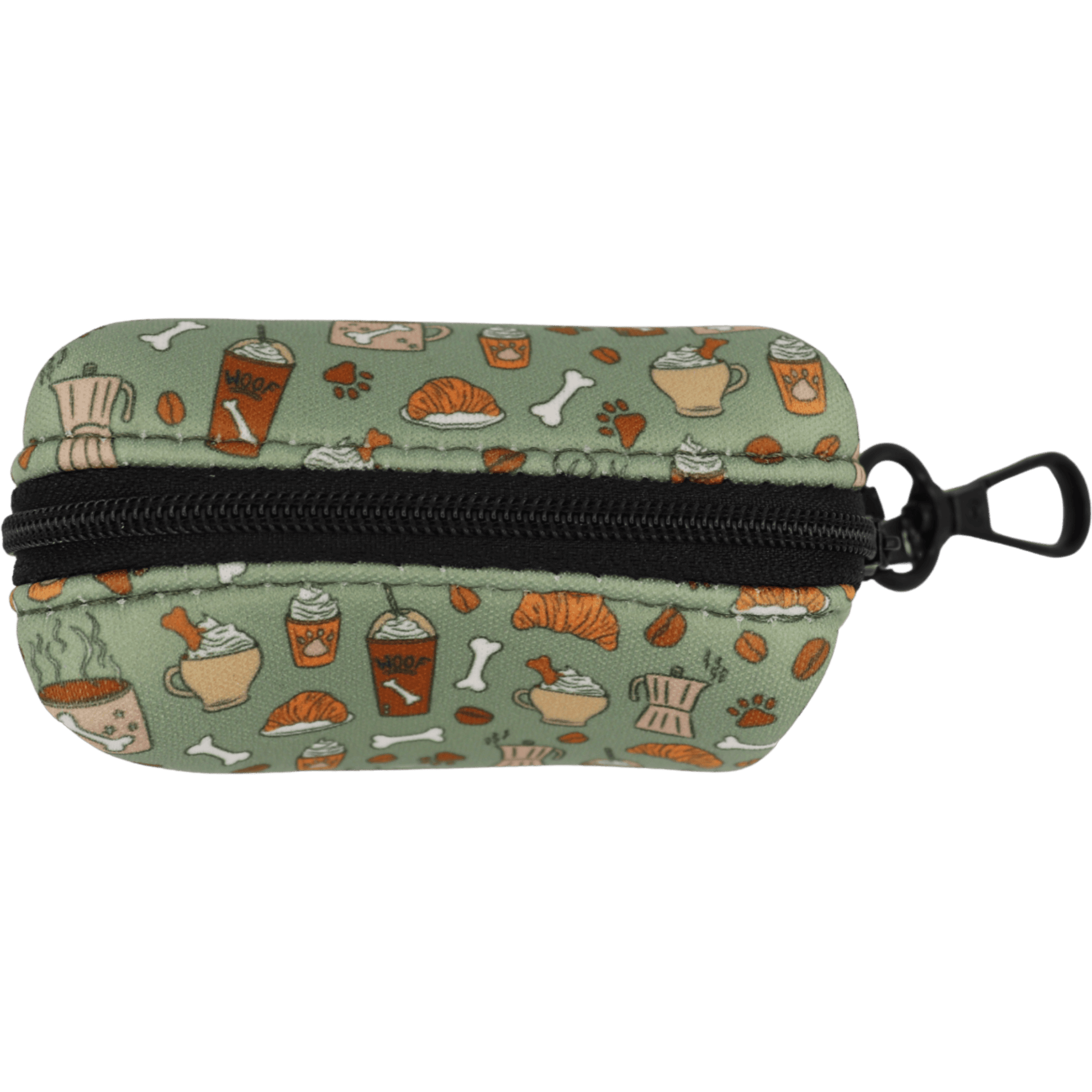 Small pouch with a pattern of coffee cups and other items on a green background