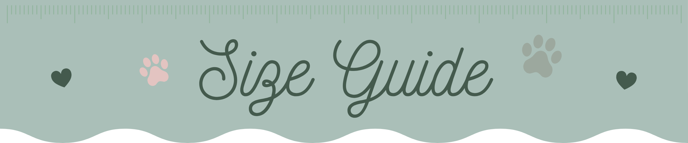 Text 'Size Guide' with paw print designs on a light blue background