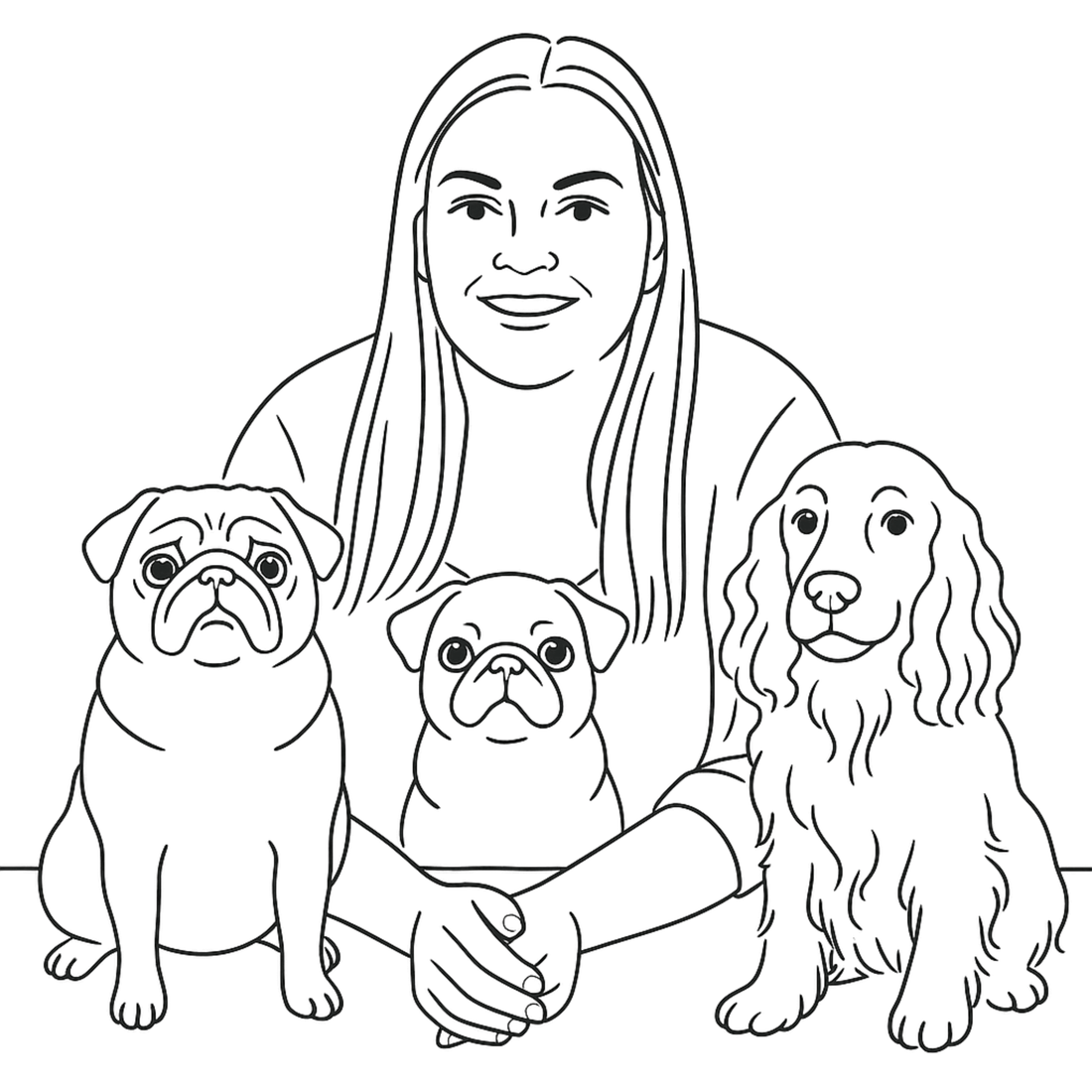 Line drawing of ceo and her dogs, pugs and cocker spaniel
