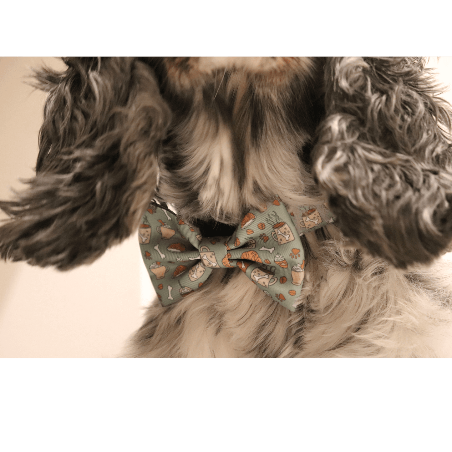 close up of bone appétit bow tie featuring coffee cups and pastries