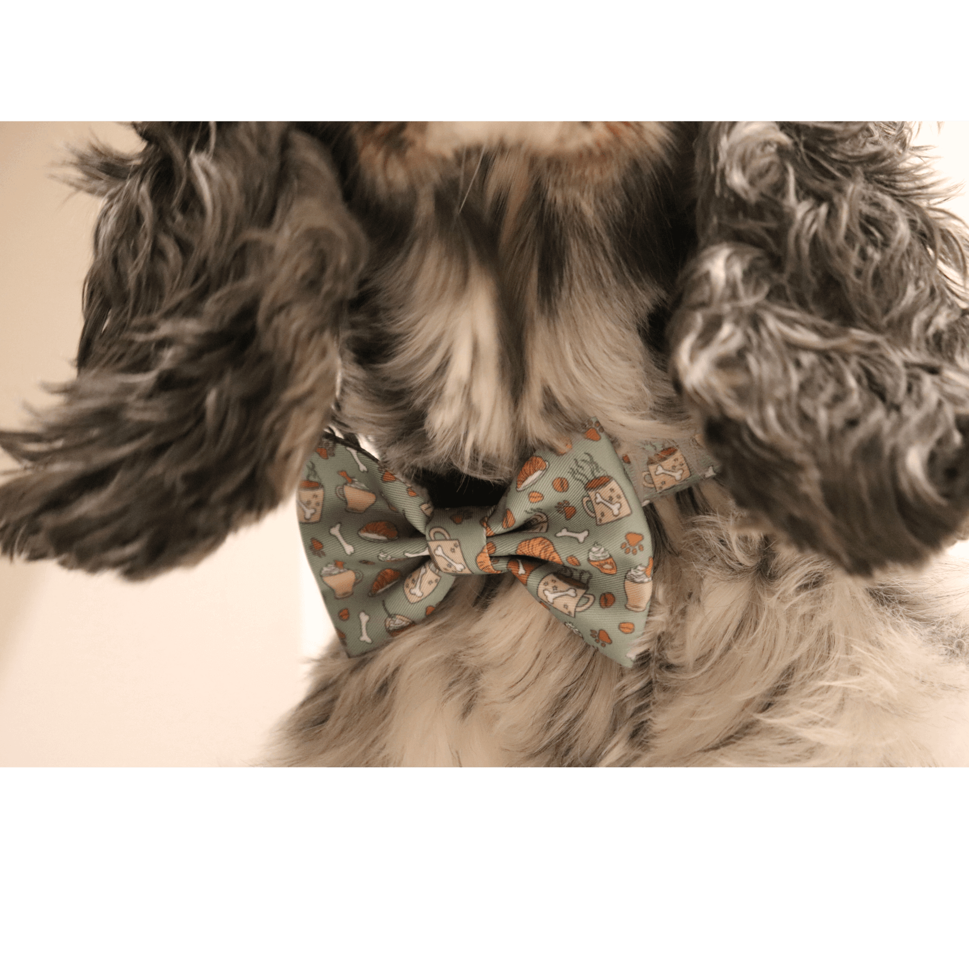 close up of bone appétit bow tie featuring coffee cups and pastries
