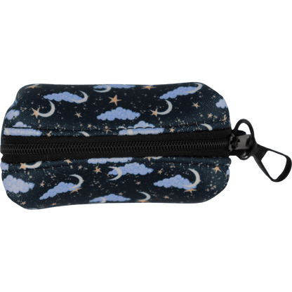 Small pouch with star and moon pattern on a black background