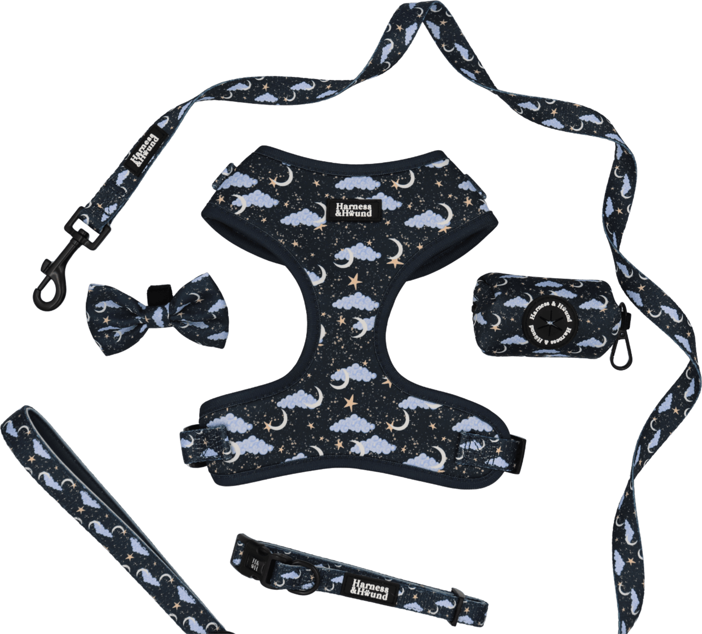 Dog harness, leash, and accessories with celestial pattern on a black background